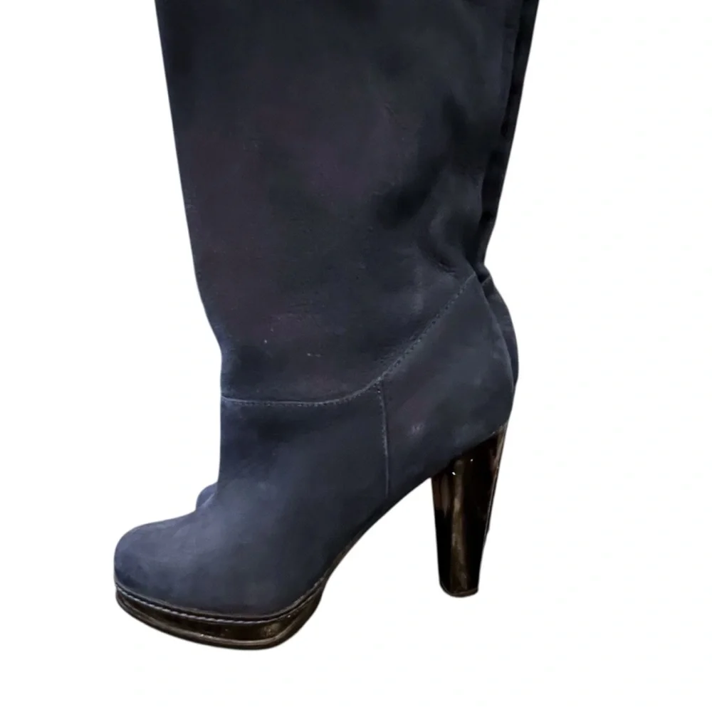 COLE HAAN Knee High Heeled Suede Boots Pull-On 8.5B Round Toe‎ Blue Suede Club